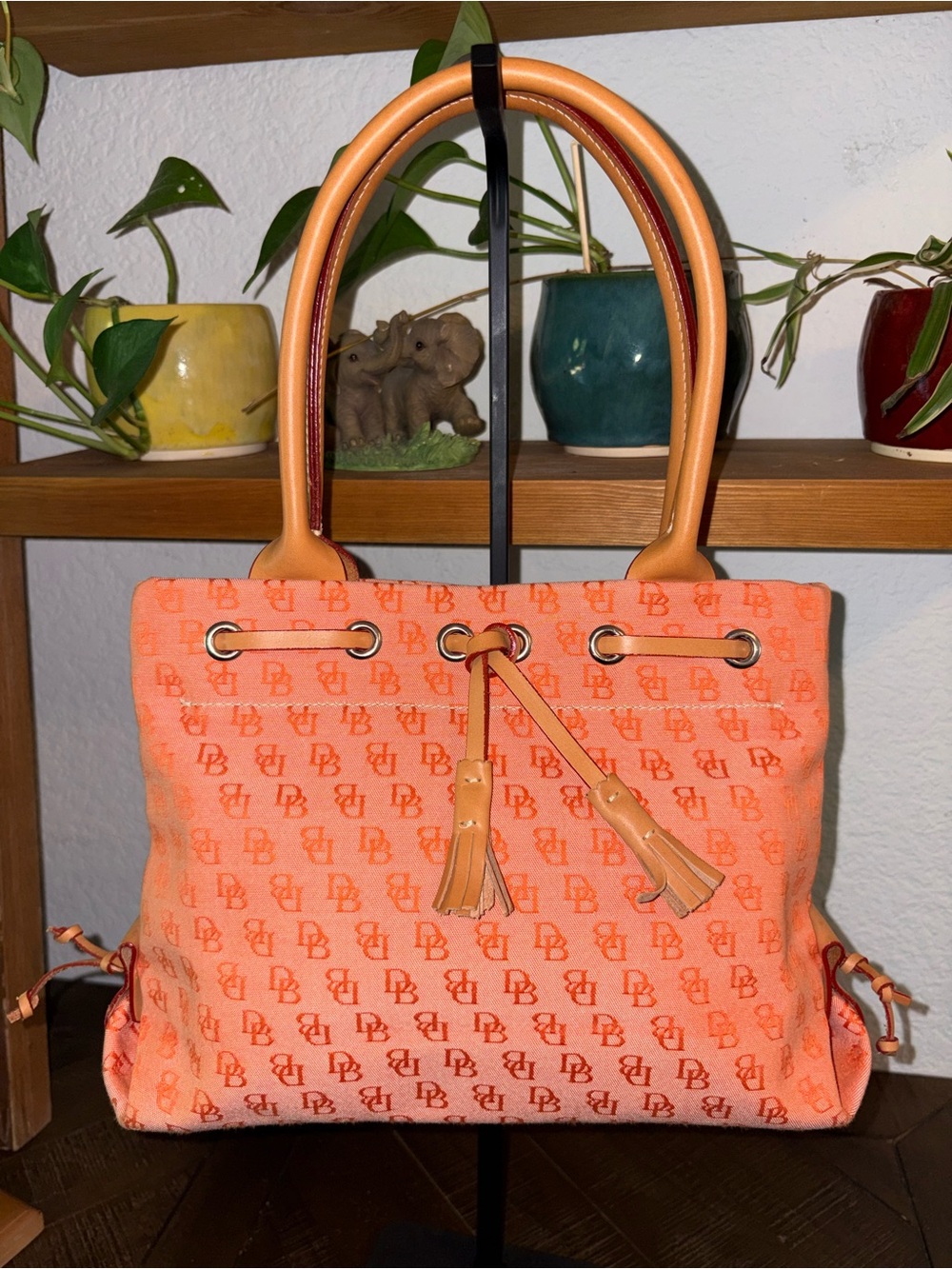 Dooney & Bourke Coral Monogram Canvas Tote with Tan Leather Handles - NWOT